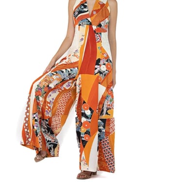 Morphew Collection Cream & Orange Rose Necktie Jumpsuit In Japanese Kimono Fabric 