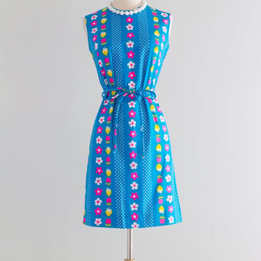 Flower Power 1960's NOS Turquoise Cotton MOD Shift Dress With Belt / SM