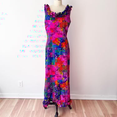 SIZE L/XL Sun Fashions of Hawaii Dress - 60s Floral Maxi Dress Blue Large Hawaiian Tropical Floral - Barkcloth Long Boat Tiki Size 18 