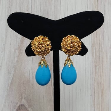 Vintage De Nicola Royal Blue Drop Dangle Earrings in Goldtone - Costume Jewelry 