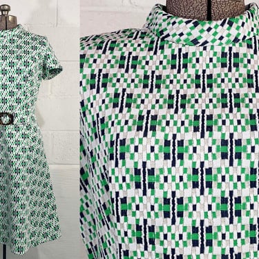 Vintage Mod A-Line Dress Blue Green Checkered Geometric Textured Mockneck Short Sleeves Belted Large 1960s 1970s 