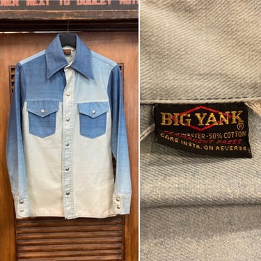 Vintage 1970’s “Big Yank” Brushed Cotton Ombré Denim Hippie Rocker Shirt, 70’s Snap Button Over Shirt, Vintage Clothing 