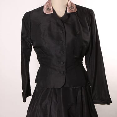 Early 1950s Black Wrap Look Hip Sash Long Sleeve Formal Dress with Matching Long Sleeve Pink Rhinestone and Beaded Collar Two Piece Outfit 