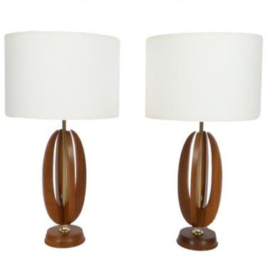 Pair of Walnut With Brass Detail Lamps