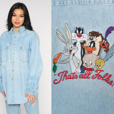 Looney Tunes Shirt Denim Shirt Bugs Bunny Jean Shirt Warner Bros Cartoon 90s Graphic Retro Button Up Vintage Long Sleeve Oversized Medium 