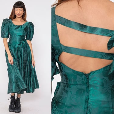 80s Prom Dress Emerald Green Floral Embossed Party Dress Puff Sleeve Basque Waist Full Skirt Midi Strappy Back Vintage 1980s Formal Small 4 