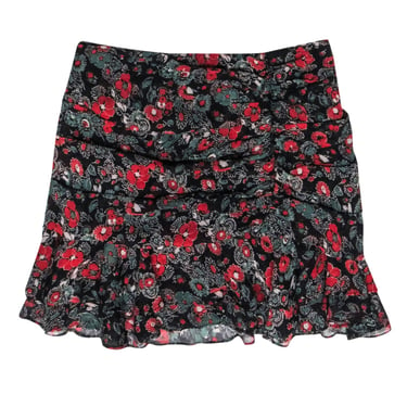 Veronica Beard - Black, Red & Green Floral Print Ruched Skirt w/ Ruffles Sz 6