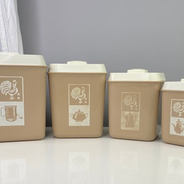 Vintage Tan Beige Plastic Retro Chicken Pattern Canister Set of 4 w/lids | Flour, Sugar, Coffee, Tea 
