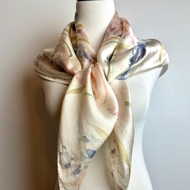 Vintage 100% silk scarf  ~ 1990’s scarves Foulards~ Ralph Lauren  Soft pale hues pastel colors floral motif antique white pinks purples~ XL 