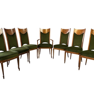 Set of Seven Mastercraft Attributed Burl and Velvet Dining Chairs Hollywood Regency