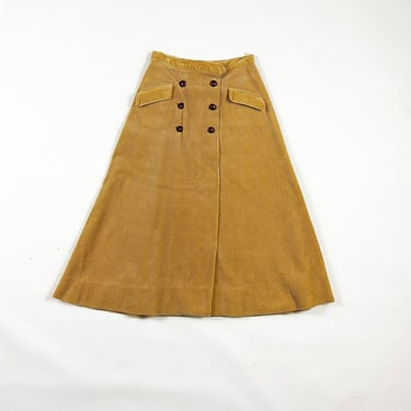 1950s Camel Corduroy Double Breasted Button Circle Skirt / 24 Waist / Fit and Flare / 50s / New Look / Heavy Weight / Winter / XS / Tan / 