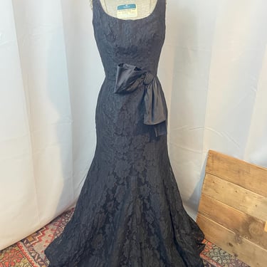 Black Lace Taffeta Trumpet Fishtail Gown Formal Dress 1950s Vintage Alt Bridal S 