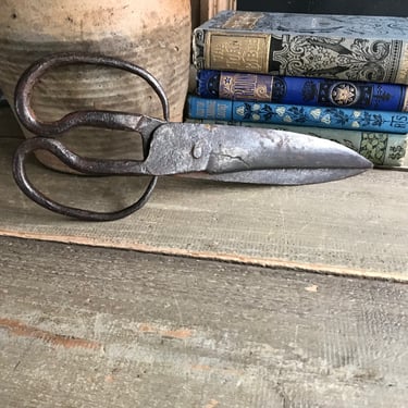 19th C Hand Forged Shears, Large French Garden Scissors, Blacksmith Made, Iron, Primitive Farmhouse Tools, Gardening 