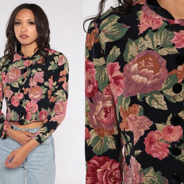 Floral Crop Top 90s Velvet Collar Blouse Button Up Shirt Asian Frog Closure Boho Top Vintage 1990s Long Sleeve Pink Black Extra Small xs 