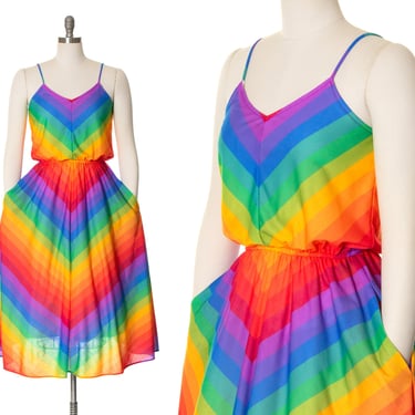 Vintage 1970s 1980s Sundress | 70s 80s Rainbow Striped Chevron Jersey Fit and Flare Spaghetti Strap Day Dress with Pockets (small/medium) 