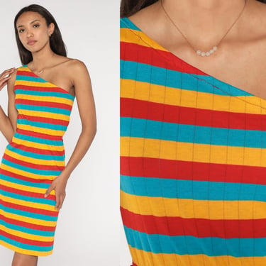 One Shoulder Dress 70s 80s Mini Striped Sundress Bright Summer 1980s Boho Asymmetrical High Waist Vintage Bohemian Sleeveless Extra Small xs 