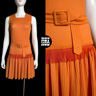 Mod Dream Vintage 60s 70s Butterscotch Colored Fringe Dress with Matching Belt 