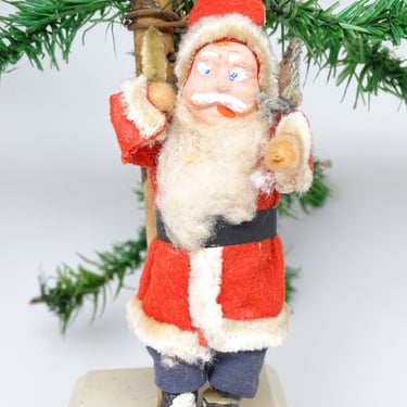 Antique 5 Inch SANTA With Hand Painted Clay Face,  Holding Bag for Christmas Toys, Vintage Retro Decor 