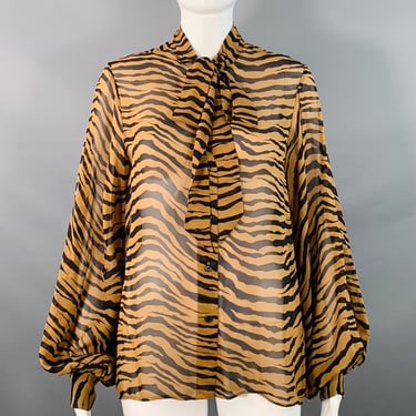 NILI LOTAN Size M Black Brown Silk Animal Print Bow Blouse