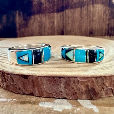 HENDRIX BLUES ZUNI Mens Micro Inlay Ring | Silver Turquoise Opal Jet | Handmade Native American, Southwestern Jewelry | Sizes 10.5 & 13.5 