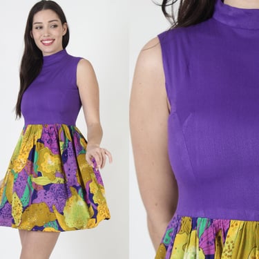 Colorful Floral Print 60s Micro Mini Dress, Vintage Full Skirt Go Go Party Frock 