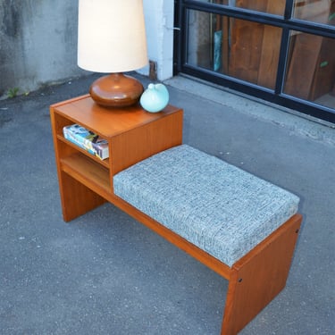 Teak Minimalist Entry Bench w/ Adj Shelf &#038; New Tweed Seat Cushion