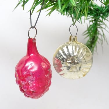 2 Vintage Small 1940's Painted Glass Strawberry & Mercury Glass Ball Christmas Ornaments, Antique Star 