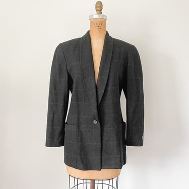 Vintage ‘80s ‘90s Mark Shale charcoal gray blazer | ladies lightweight jacket, shoulder pads, tweedy windowpane wool, 4S 