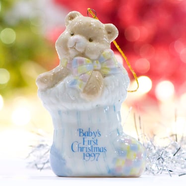 VINTAGE: 1997 "Baby's First Christmas" Porcelain Ornament - AVON Ornament- Bear in Stocking - Holiday, Christmas, Xmas - SKU 30-410-00031567 