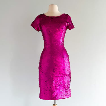 Vintage 90s HOT PINK Fully Sequined BARBIECORE Party Dress / Sz M