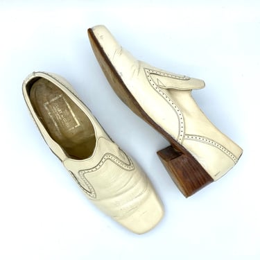 Vintage 1970s Mens Ivory Patent Leather Shoes, Chunky Cream Square Toe Loafers, Stuart McGuire Slip-Ons, Made in Brazil, Size 11 1/2 D US 