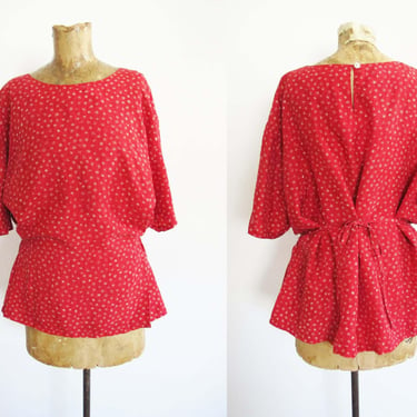 Vintage 90s Red Silk Blouse L - 1990s Short Sleeve Ditsy Floral Top - Peplum Waist 