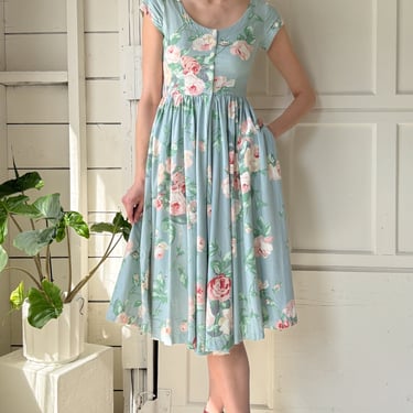 90s Blue Floral Cotton Dress | S