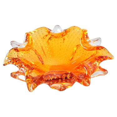 Amber Murano Glass Catch-all Bowl Lily Shaped with Controlled Bubbles 