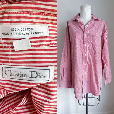 Vintage 1980s Christian Dior Red & White Striped Button Down Shirt / size 16 collar 