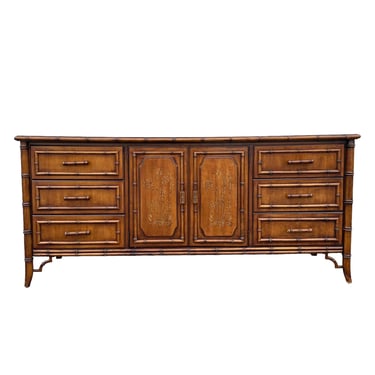 Faux Bamboo Wood Dresser by Dixie Aloha 72" Long - Vintage 9 Drawer Fretwork Hollywood Regency Coastal Boho Chic Chinoiserie Style Credenza 