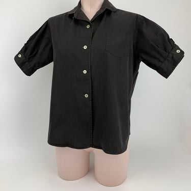 1950'S- Early 60'S Black Blouse - BOBBY BROOKS - Small Rounded Loop Collar - All Cotton  - Puffy Sleeves with Button Tabs - Size Medium 