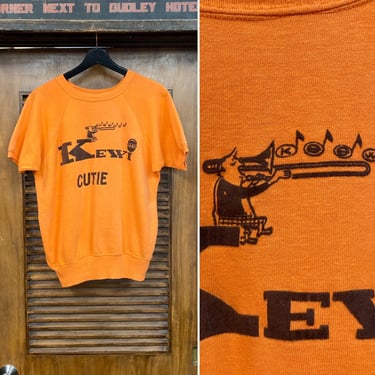Vintage 1960’s Cutie Radio Station Mod Cartoon Short Sleeve Cotton Pop Art Orange Sweatshirt, 60’s Vintage Clothing 