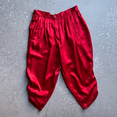 Vintage Red Genie Pants / Vintage Red Pauper Pants / Red Vintage Trousers with Gathered Hem / Vintage Red Silky Cropped Pants 28 Waist 