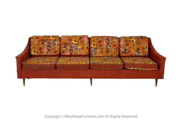 Mid-Century Floral Orange Long Sofa 