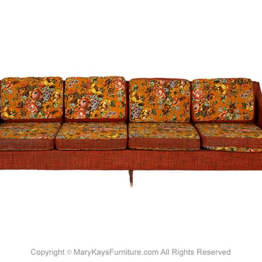 Mid-Century Floral Orange Long Sofa 