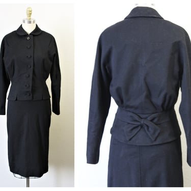 Vintage 1950s 50s NOS Black Wool 2 Piece Dress Suite Fancy Bow Back Forestmann High Quality // Modern Size US 0 2 4 Small 