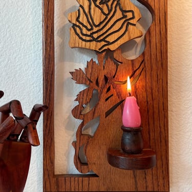 Vintage Handcarved Wooden Rose Candleholder Wall Sconce | Rectangular Wall Hanging CandleStick Holder | Primitive Wooden Candle Holder 