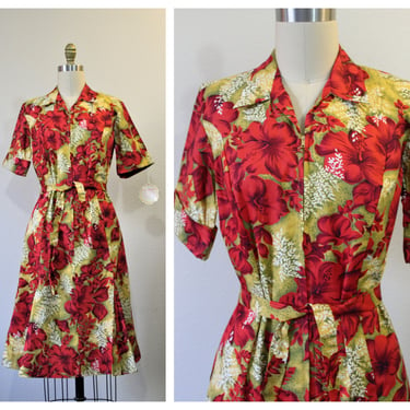 Vintage 40's 50s NWT Hawaiian Red Hibiscus Day Dress Miss Smith Metal Front Zip Frock  // US 4 6 Small 