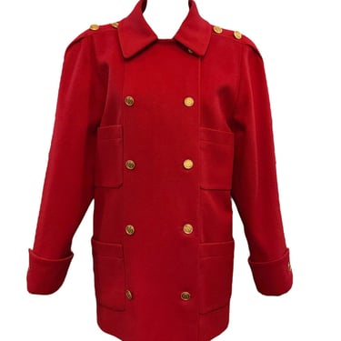 Chanel 90s Red Cashmere Double Breasted Military Style Pea Coat With Logo Buttons
