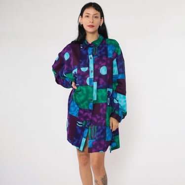 Vintage 90s Abstract Shirt Dress Color Block Mini Oversized Button Up Purple Blue Patchwork Long Sleeve 1990s Shirtdress Shift 3x 48 