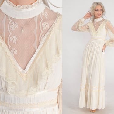 Gunne Sax Dress 70s Cream Lace Dress Maxi Prairie Dress High Neck Long Sheer Sleeve Bohemian Wedding Dress Victorian Bridal Vintage 1970s XS 