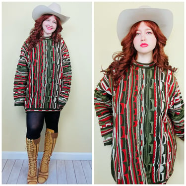 1990s Vintage Coogi Sport Green and Brick Sweater / 90s Swirl Knit Cotton / Poly Grandpa Jumper / Size 2XL 