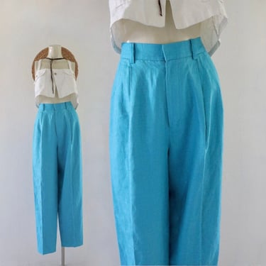 turquoise linen trousers - 27.5 - vintage 90s y2k eco minimal sustainable womens pleat pleated front minimal spring summer blue pants 