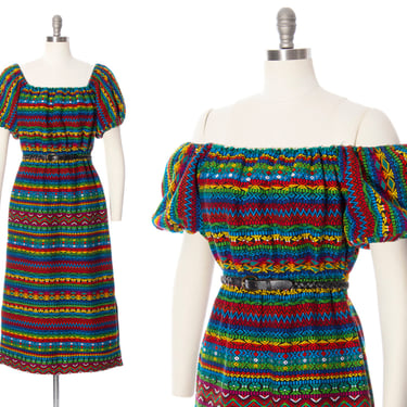 Vintage 1970s Style Maxi Dress | Rainbow Striped Woven Cotton Puff Sleeve On or Off Shoulder Sheath Guatemalan Boho Folk Dress (xs/small) 